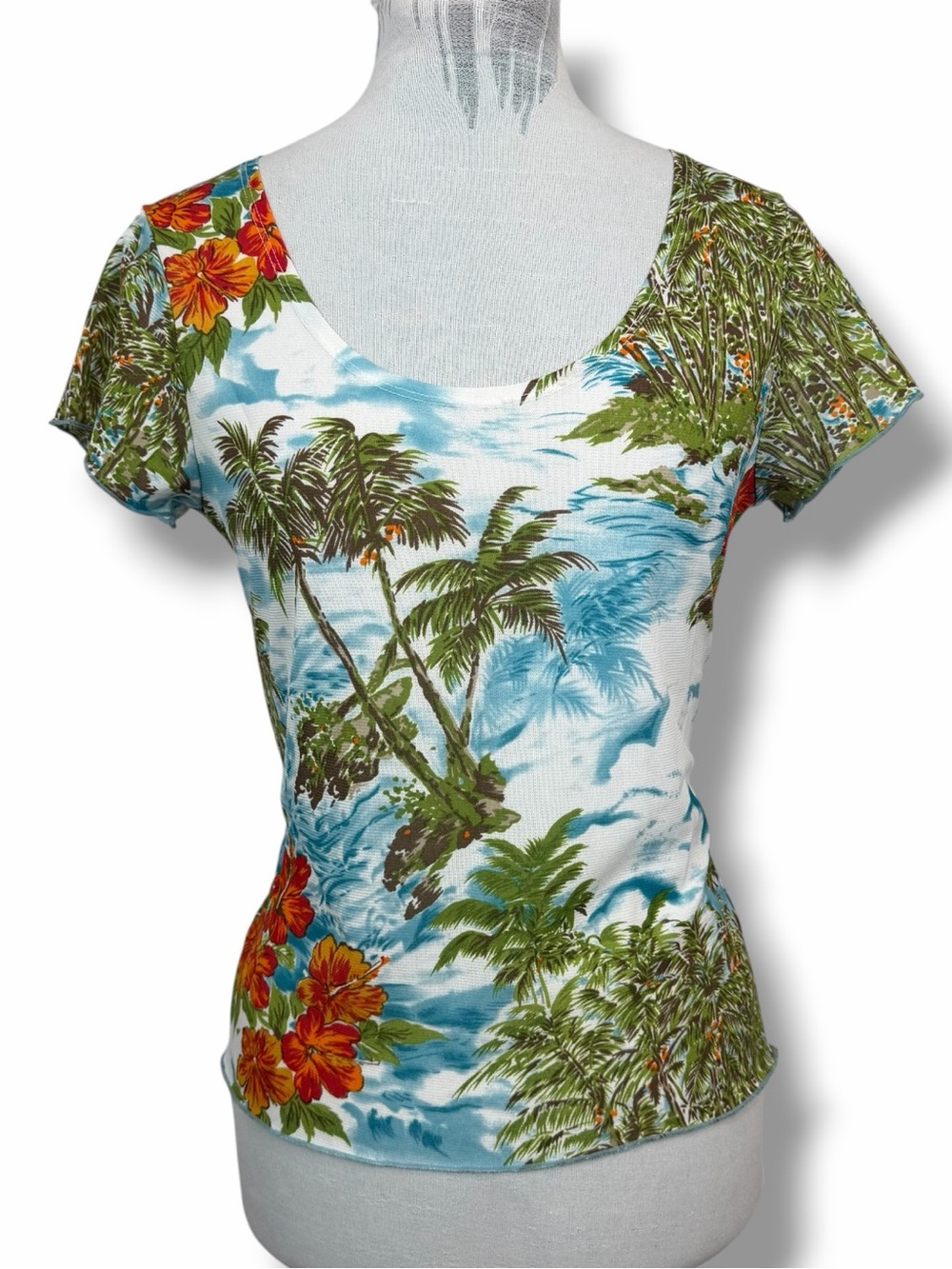 Nine West Tropical Palm Floral Print Scoop Neck Top Sz M - Picture 1 of 4